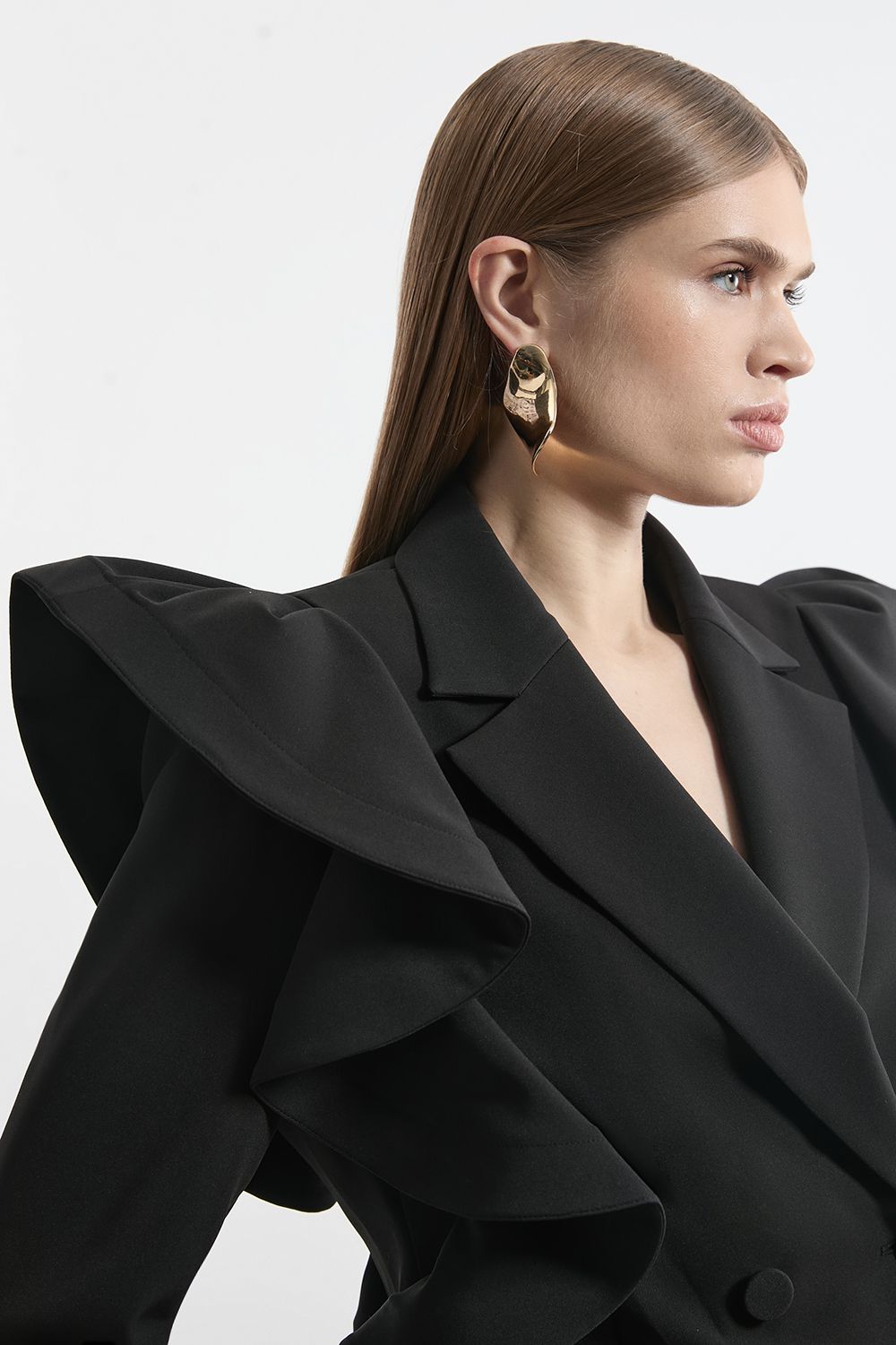 KarenMillen Tailored Drama Ruffle Double Breasted Blazer