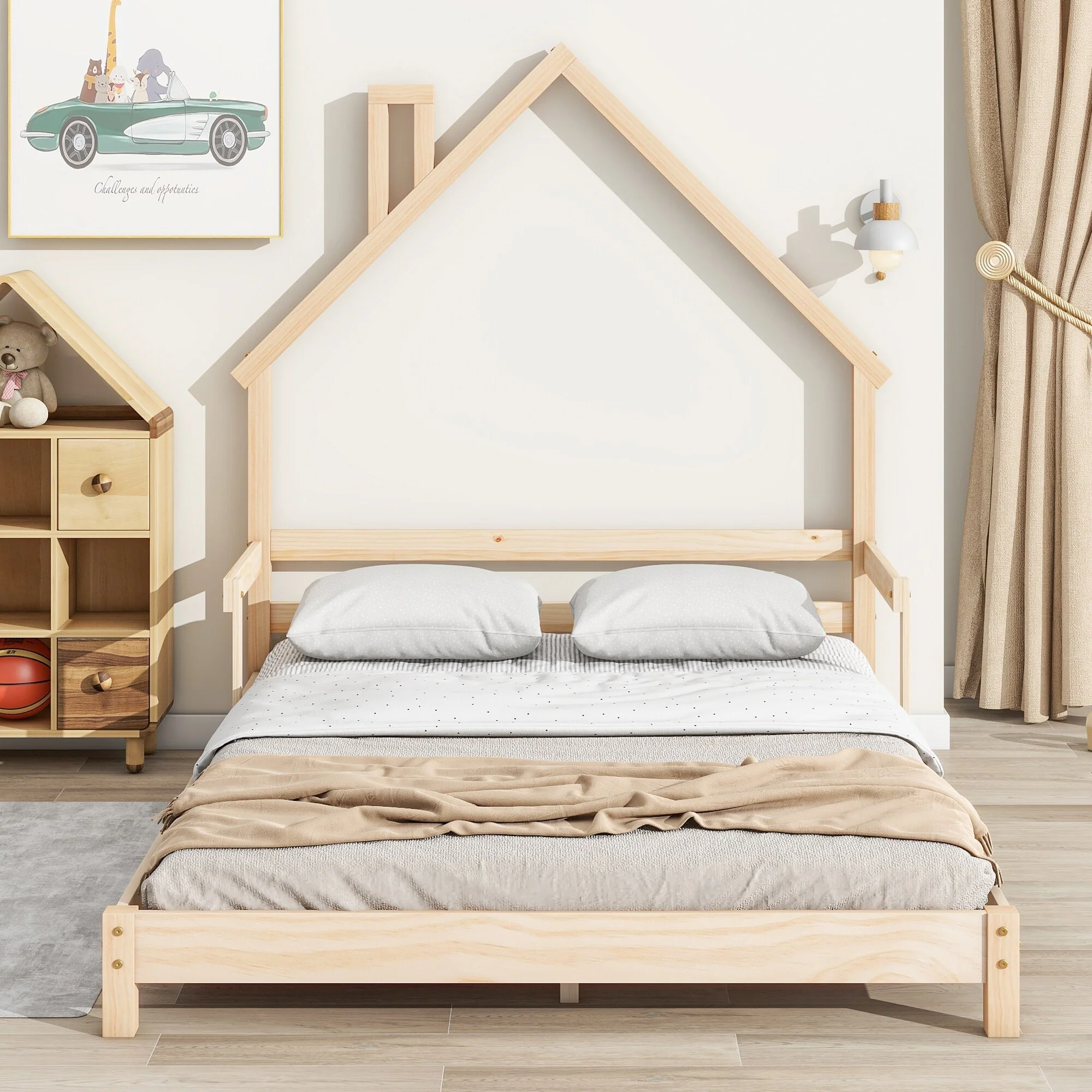 Full Size Pine House-Shaped Headboard Floor Bed with Handrails