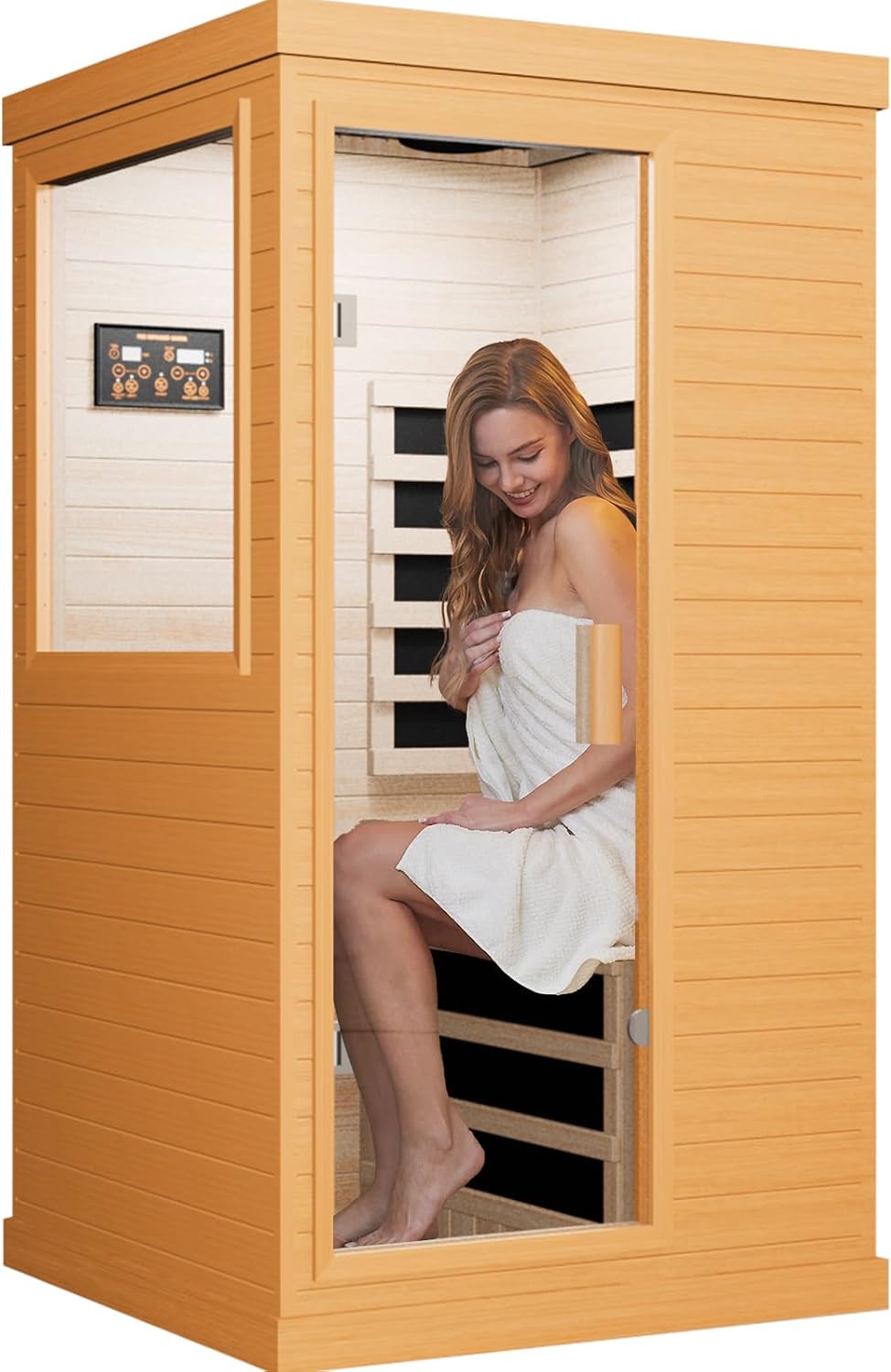 Far Infrared Sauna Home Sauna Spa Room Canadian Hemlock Wood 1200W Indoor Saunas Low EMF 110V with 7 Color Light and Tempered Glass Door  Room: 35.2 * 27.6 * 61.6Inch
