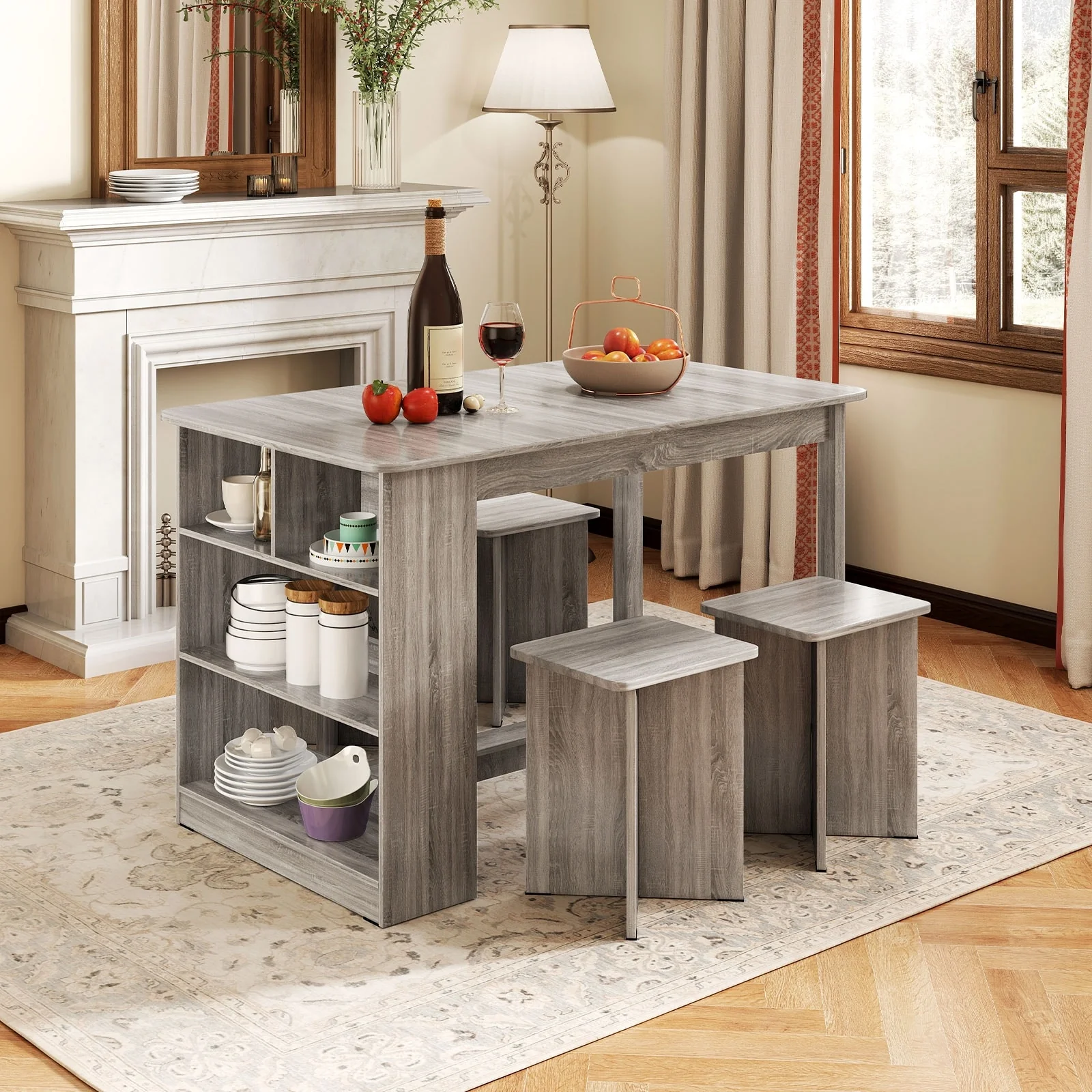 5-Piece Space-Saving Dining Set with 4 Stools and Storage Shelves Ideal for Apartments or Breakfast Nooks