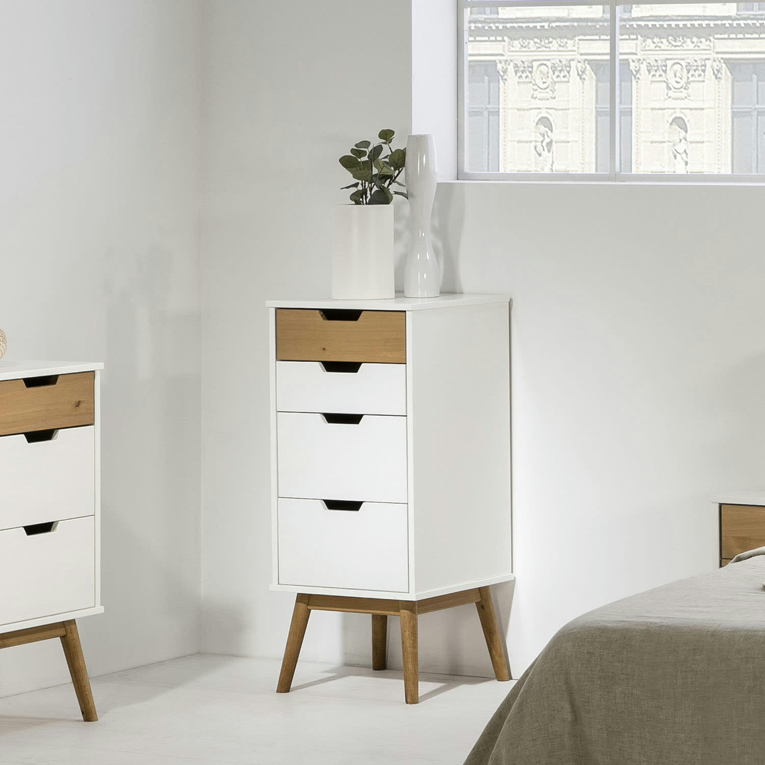 BAKU - Chiffonnier nuit 4 tiroirs blanc/bois, 40 cm longueur