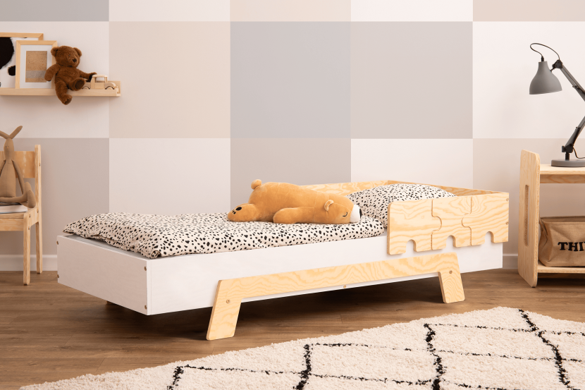 Łóżko poj. drewniane PUZZLE BR1 Białe z barierką -SMARTWOOD®