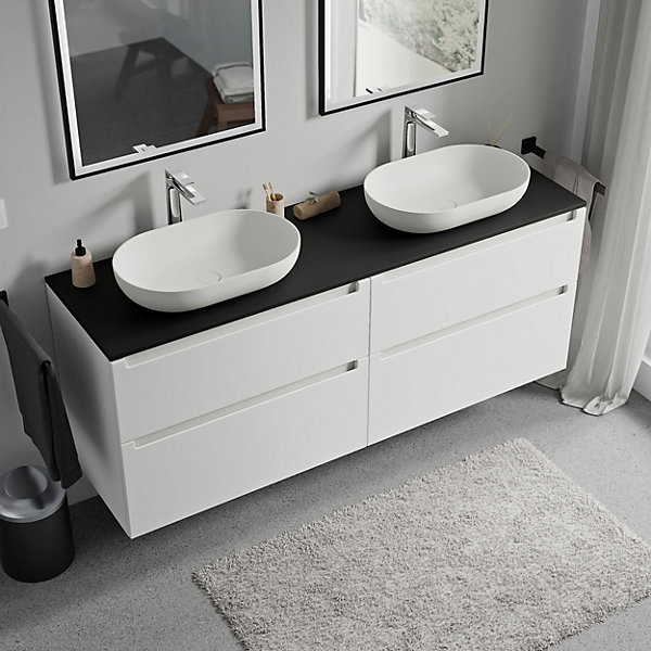 Meuble sous vasque suspendu MDF Blanc mat, plan vasque Noir mat, tiroirs pivotants - 160x46x62cm - VIREO