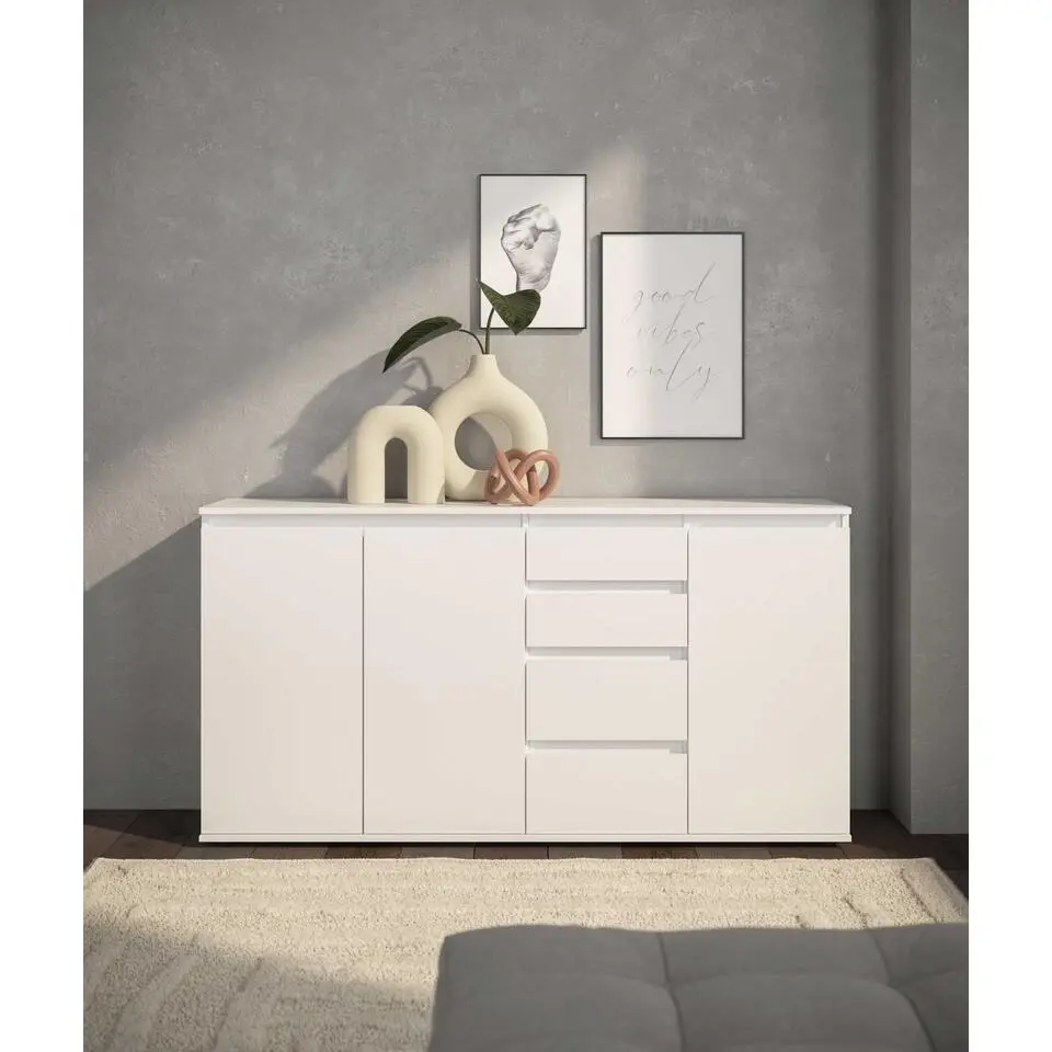 Dressoir Brest - 160x35x84cm - 3 deuren; 4 lades - wit