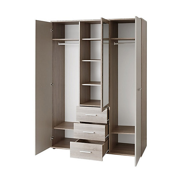 Armoire chambre denfant design coloris chene et blanc avec 3 portes battantes et 3 tiroirs collection DENVER.
