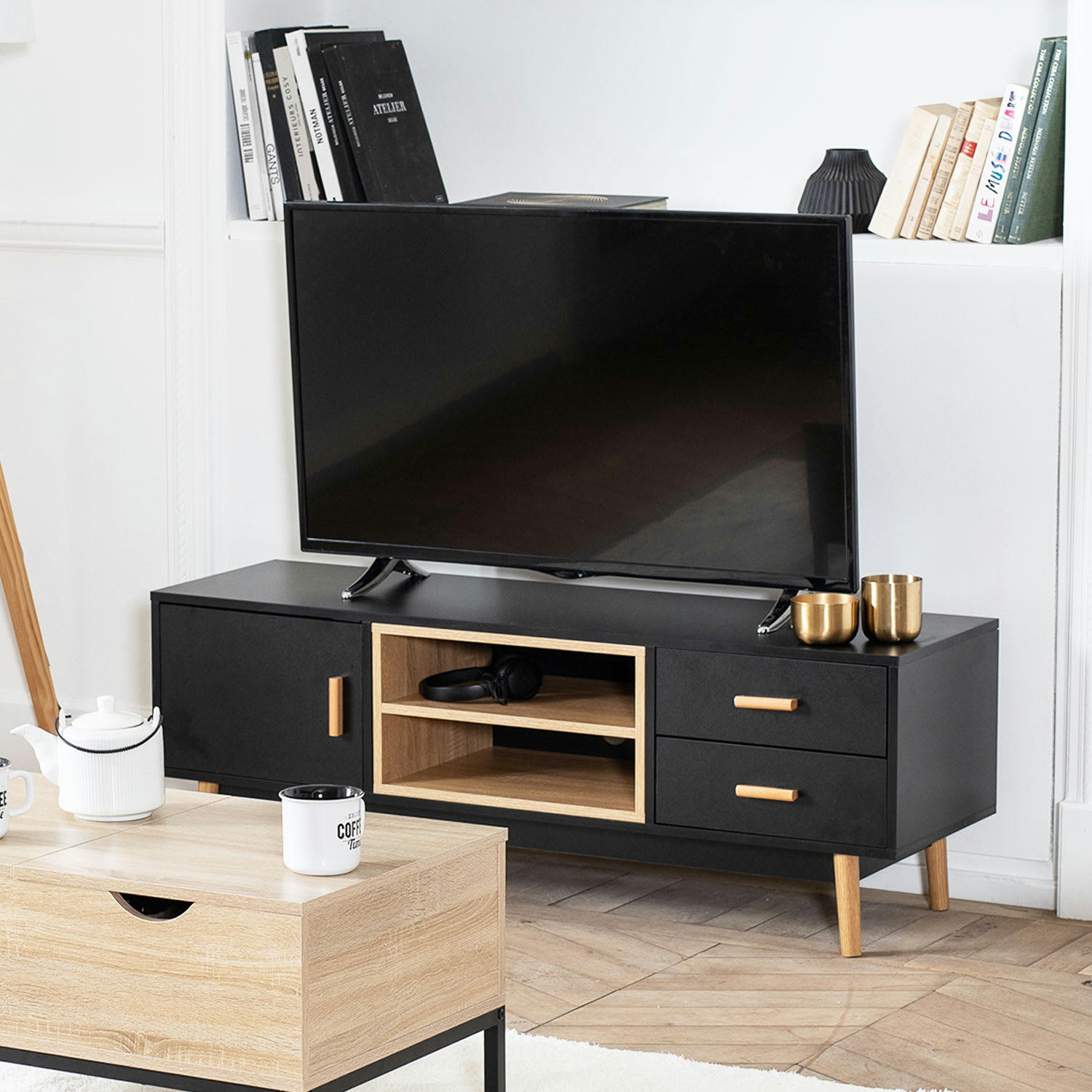 JOEY - Meuble TV style scandinave avec 1 porte et 2 tiroirs noir
