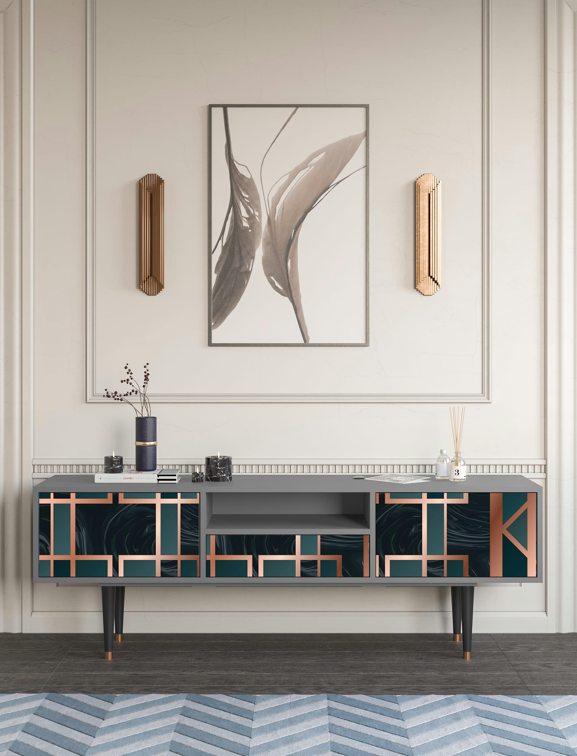 EMERALD METRO - Meuble TV  bleu-vert 1 tiroir et 2 portes L 170 cm