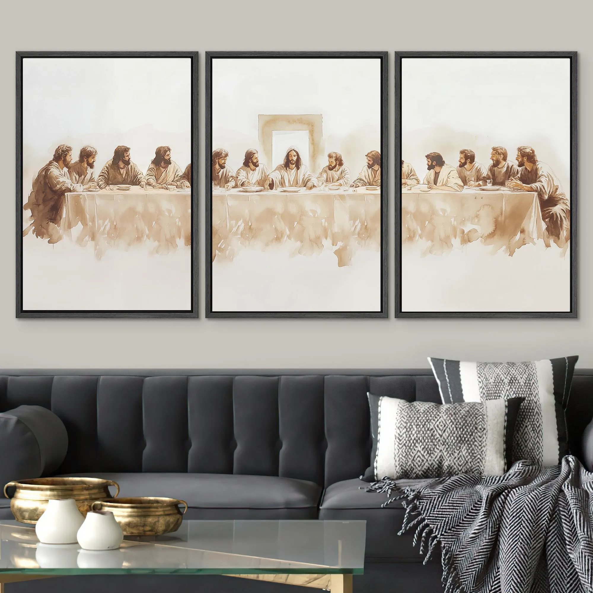 Framed Canvas Print Wall Art Set of 3 Jesus The Last Supper Art Poster Minimalist Modern Vintage Jesus Christian Farmhouse Wall Art Decor