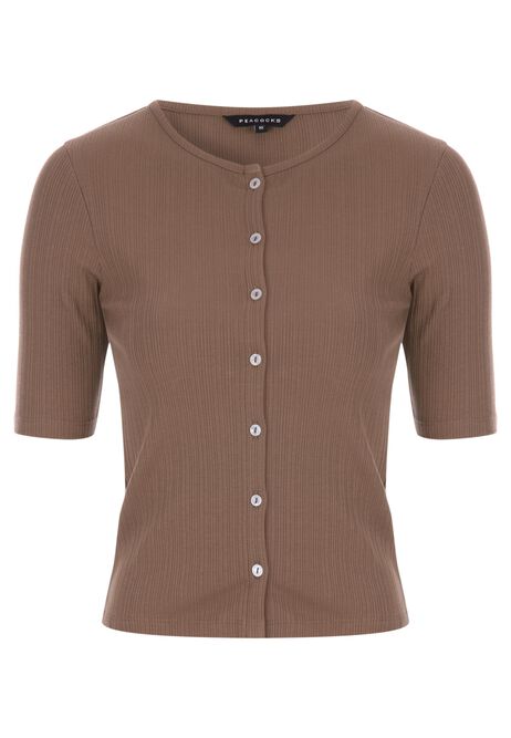 Womens Mocha Ribbed Button Through Top