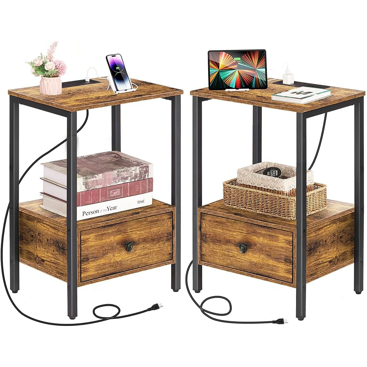 2 PCS Side Table with Charging Station with USB Ports & Power Outlets