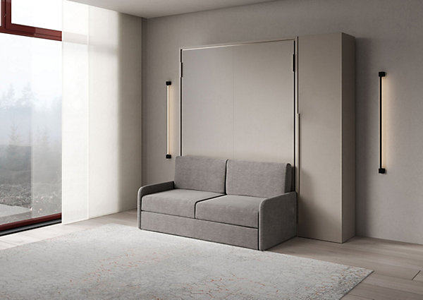 Lit escamotable vertical français Versia Sofà 140 avec canapé, étagère et armoire droite 1 porte Argilla