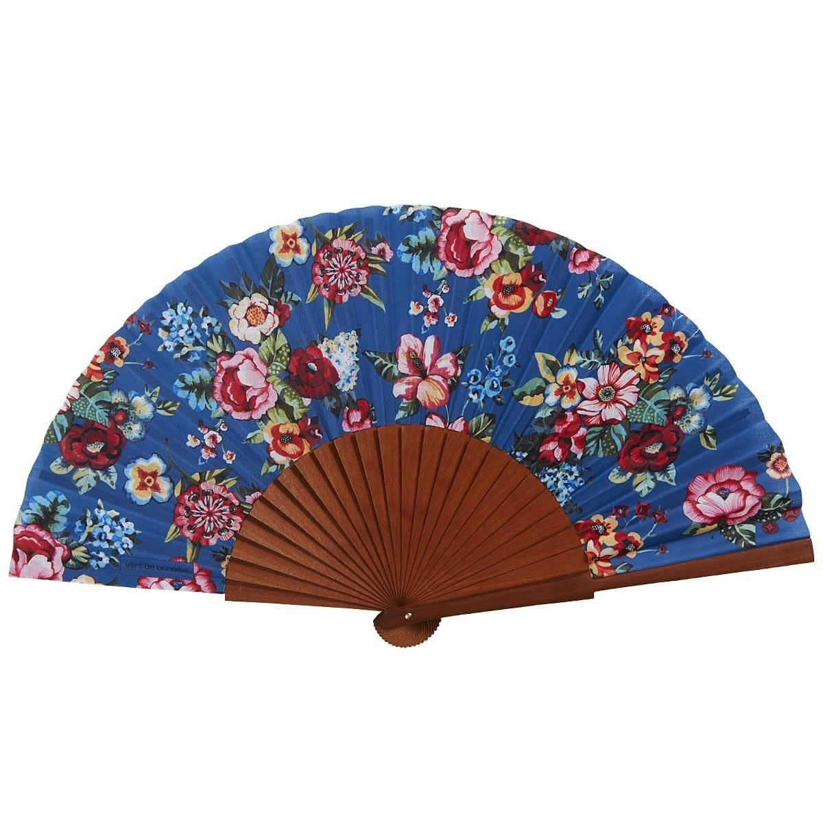 SHANTI - Éventail en bois de merisier et coton imprimé fleuri bleu