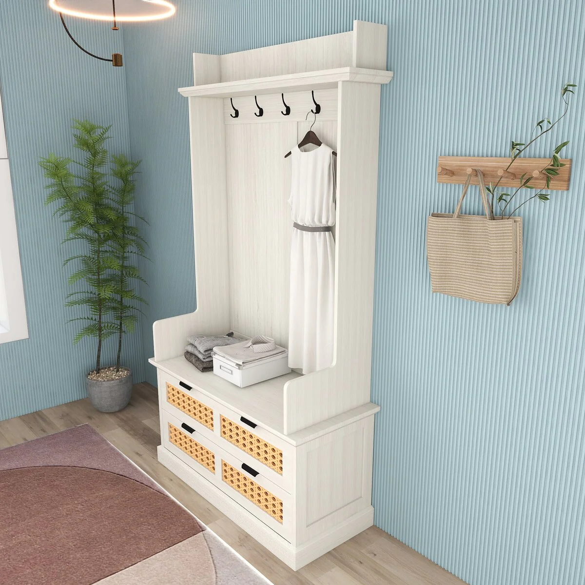 Hall Tree with 5 Metal Hooks and 2 Large Rattan Drawers