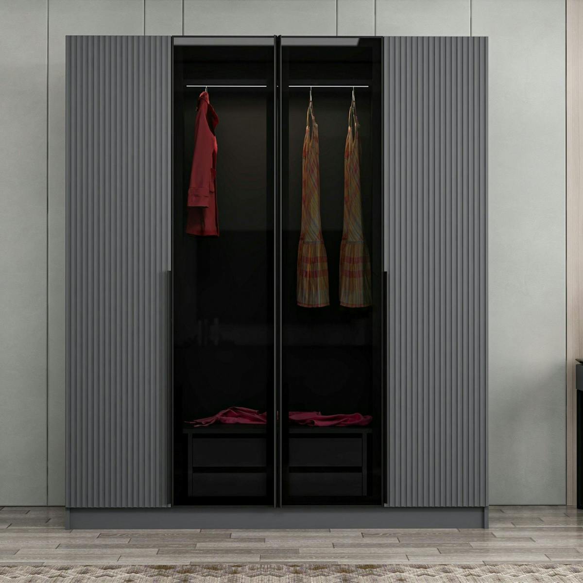 Armoire penderie grise 2 portes rainurées 2 vitrées BYRON