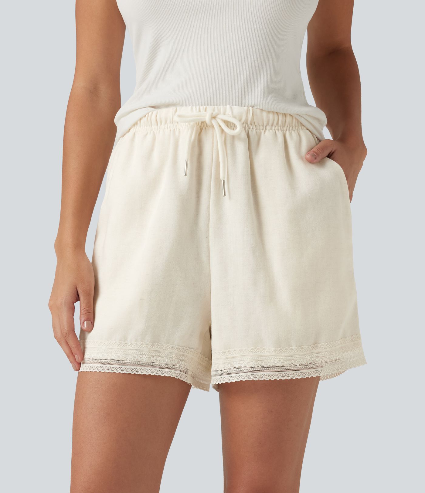 Short 2-en-1 10 cm taille mi-haute à coupe large, dentelle contrastante et cordon de serrage, avec poches