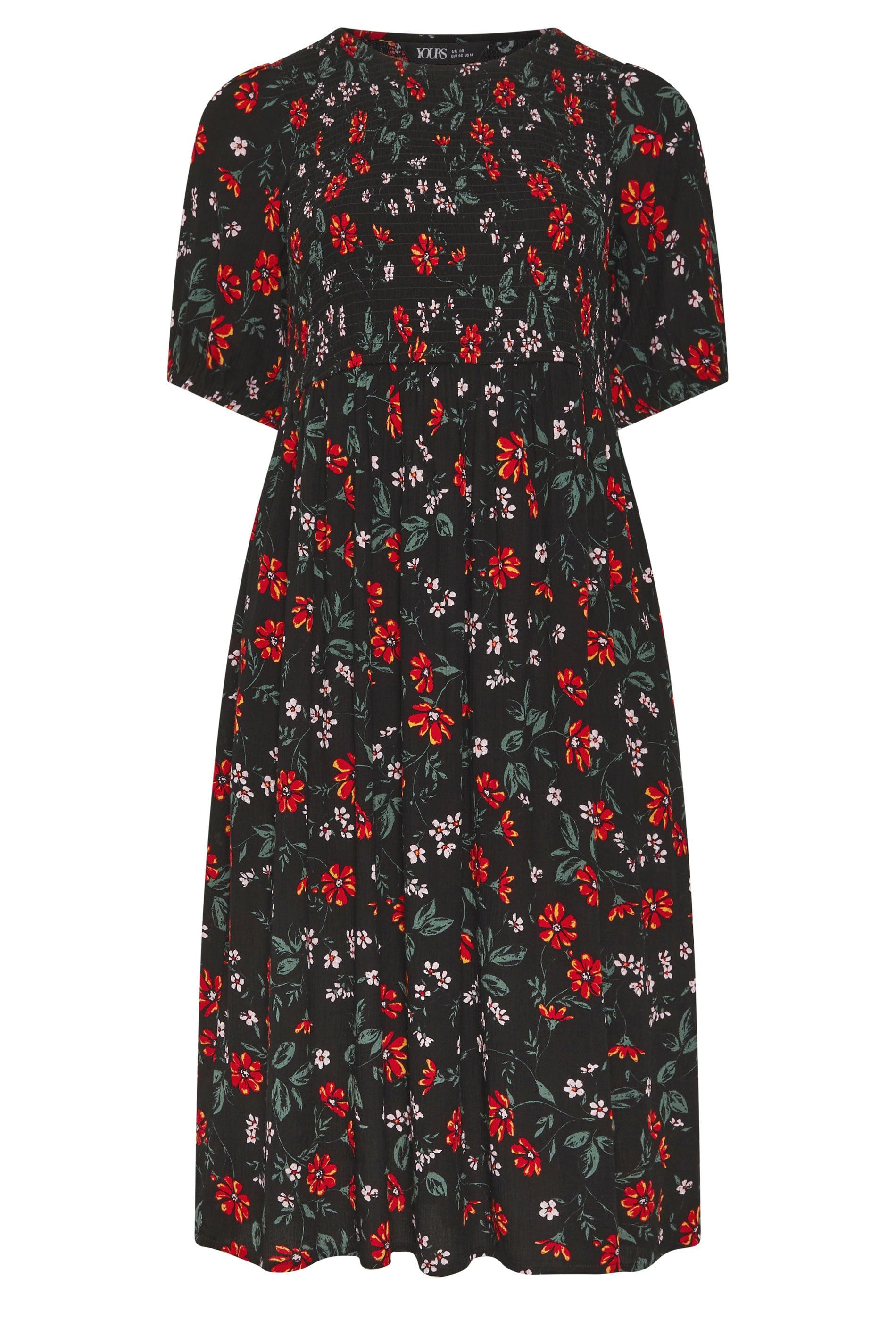 Yours Floral Puff Sleeve Shirred Dress