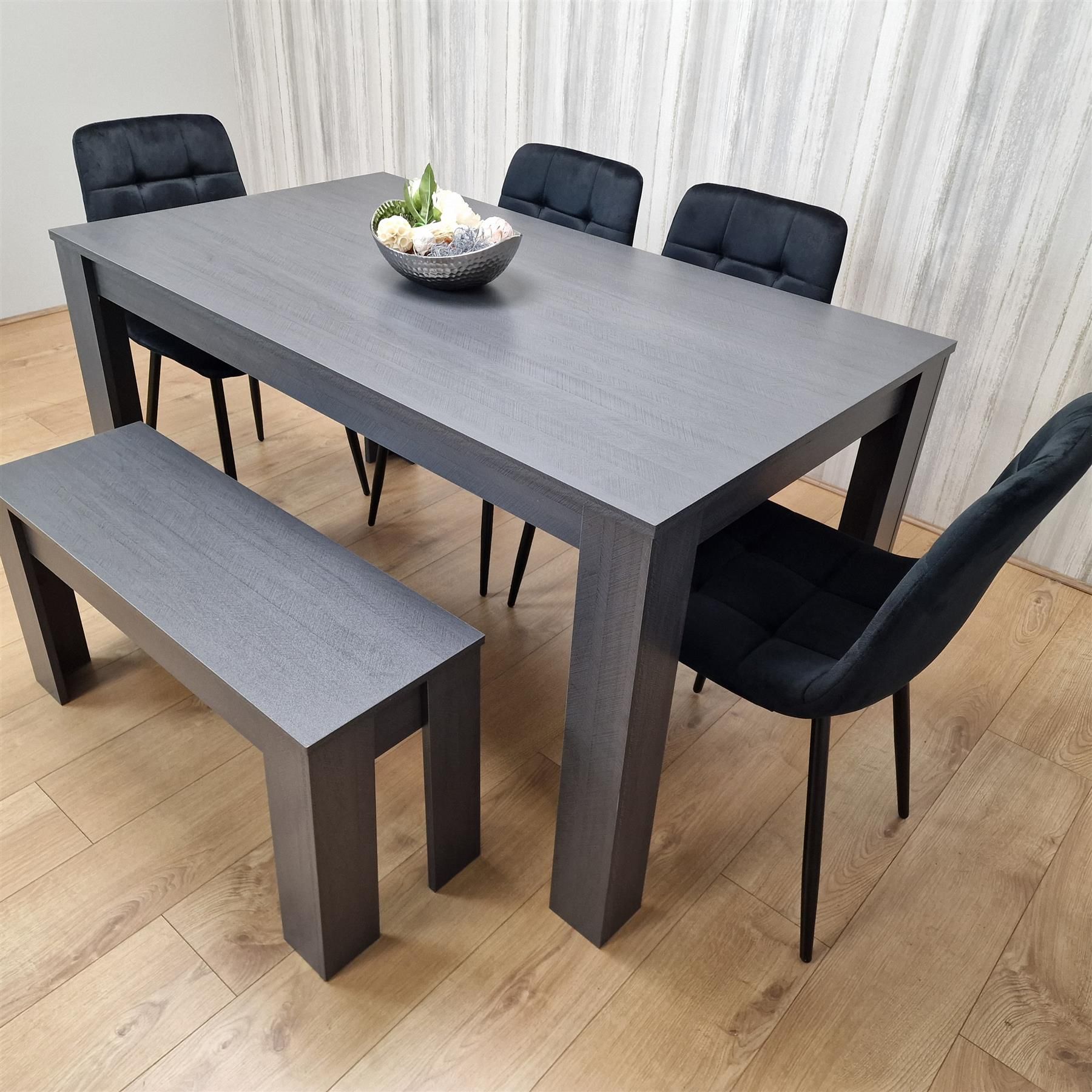 KOSY KOALA Dining Table and 4 Chairs With Bench Black Dark Grey 4 Velvet Chairs Wooden Bench Wood Dining Set Furniture