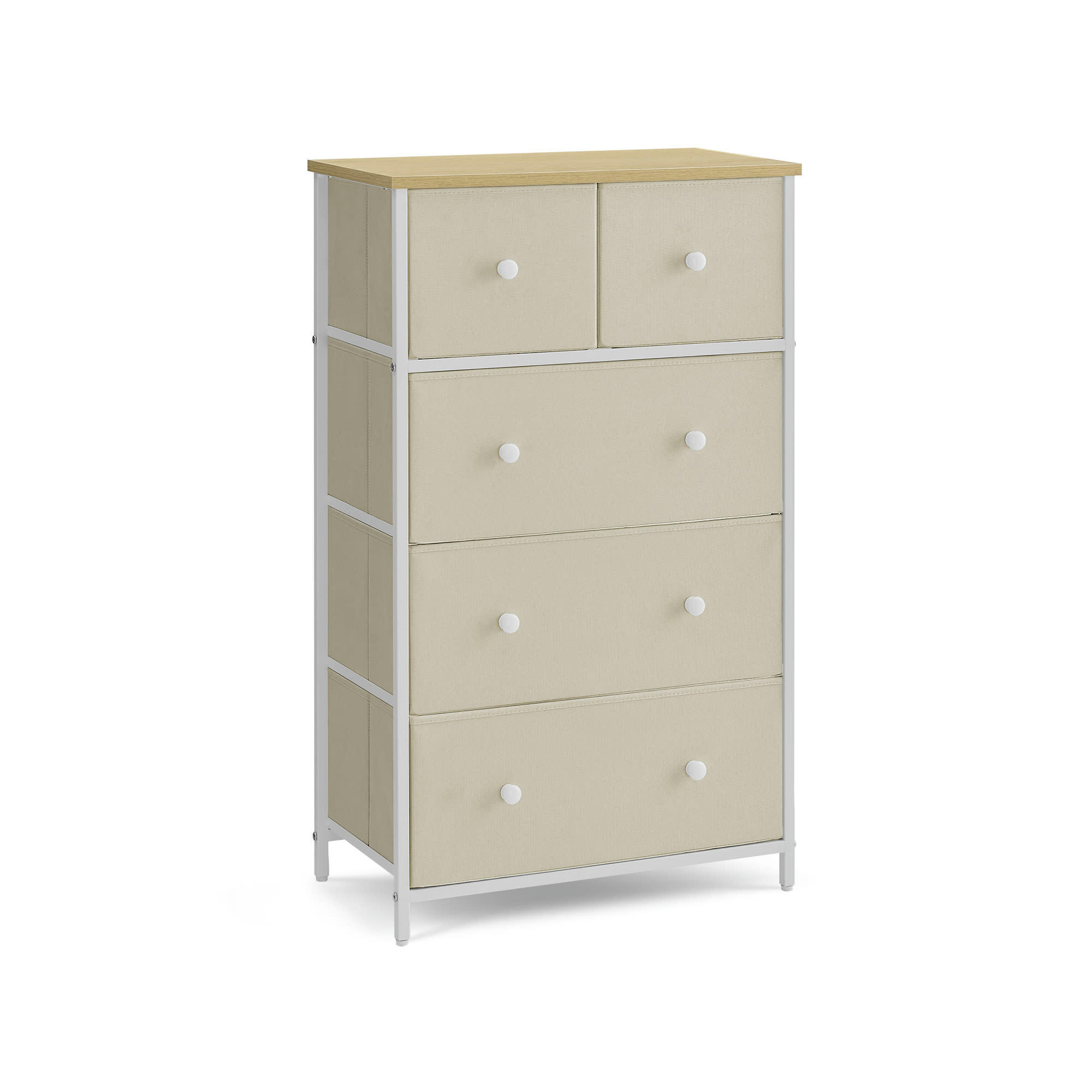- Commode 5 tiroirs en tissu effet bois blanc crème