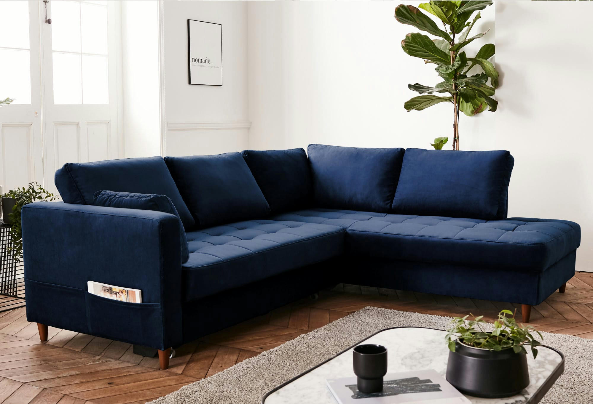 ANNA - Canapé d'angle droit convertible 5 places en velours bleu nuit