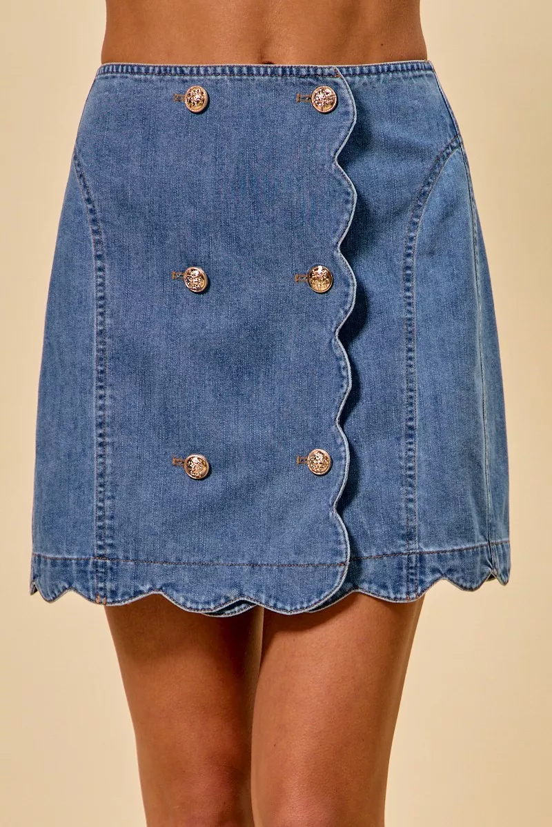 Denim Scalloped Buttoned Front Skirt