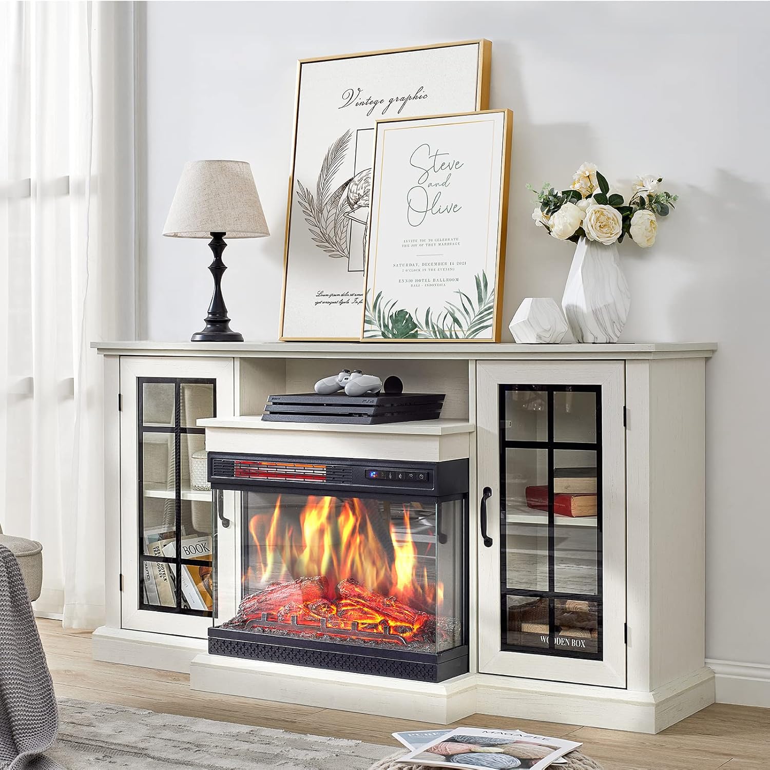 AMERLIFE 3-Sided Glass Fireplace TV Stand for TVs up to 65'' with 12 Color, Media Entertainment Center Console Table with Doors Closed Storage, White