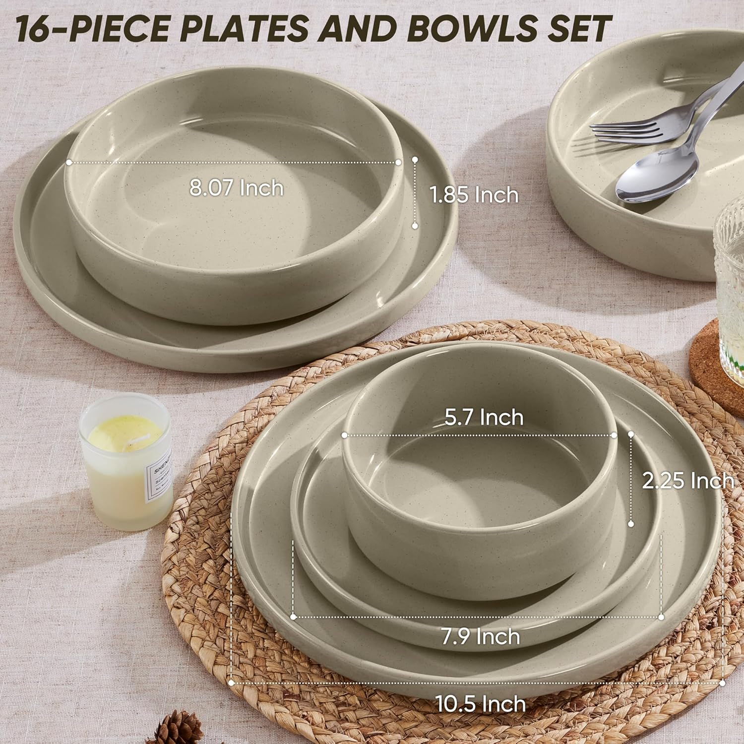 E-far 16-Piece Plates and Bowls Sets - Stoneware Dinnerware Sets with Pasta Bowls for 4 | Microwave & Dishwasher Safe Kitchen Modern Dish Set, Speckled Khaki