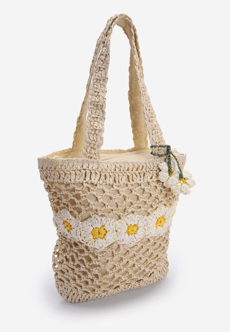 Womens Neutral Crochet Daisy Tote Bag