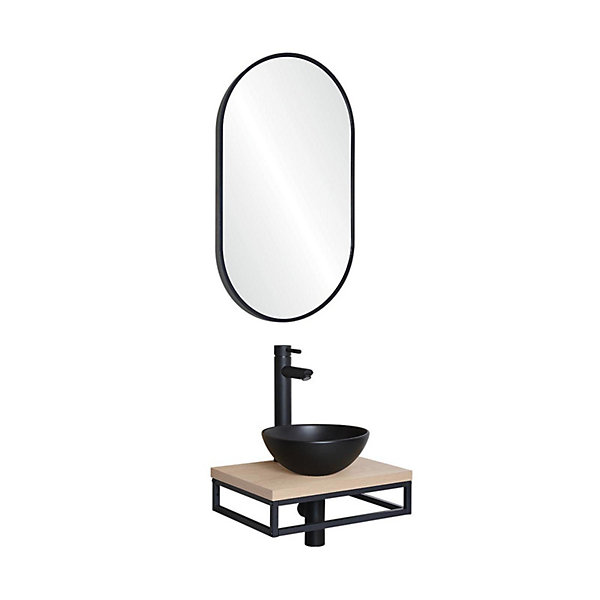 Meuble lave-mains SOHO plan fin p-serviette dessous vasque noire miroir