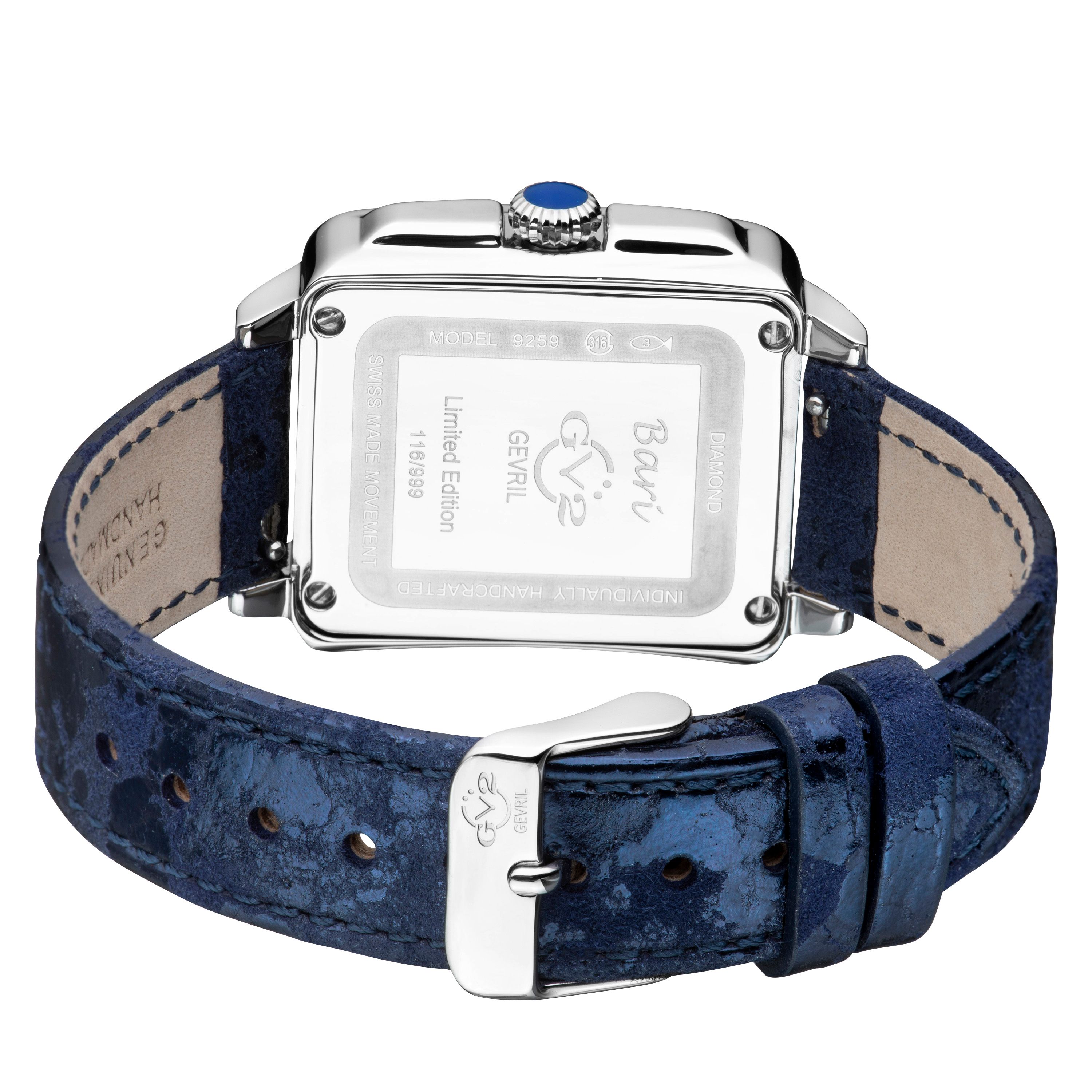 GV2 Bari Diamond 9259 Swiss Quartz Diamond Antireflective Sapphire Blue Dial Leather 34 MM Watch