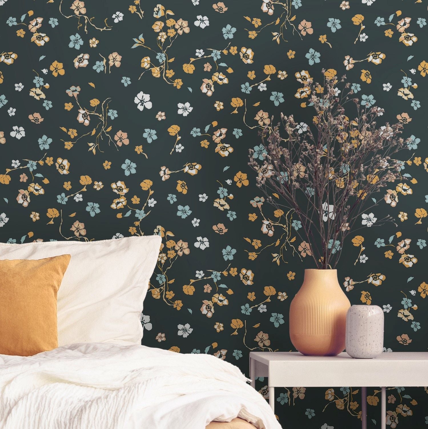 Livingwalls behang bloemmotief zwart, geel, oranje, blauw en wit - 53 cm x 10.05 m - AS-389071