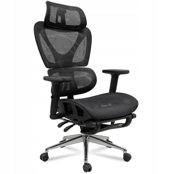 Fotel biurowy ergonomiczny krzesło zagłówek regulacja podnóżek KB106 czarny