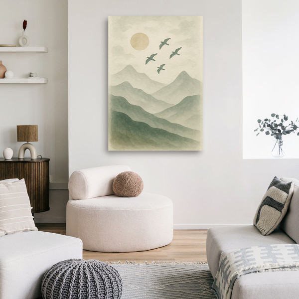 Feeby Obraz Japandi, Ptaki Góry Akwarela Zieleń Natura 40x60