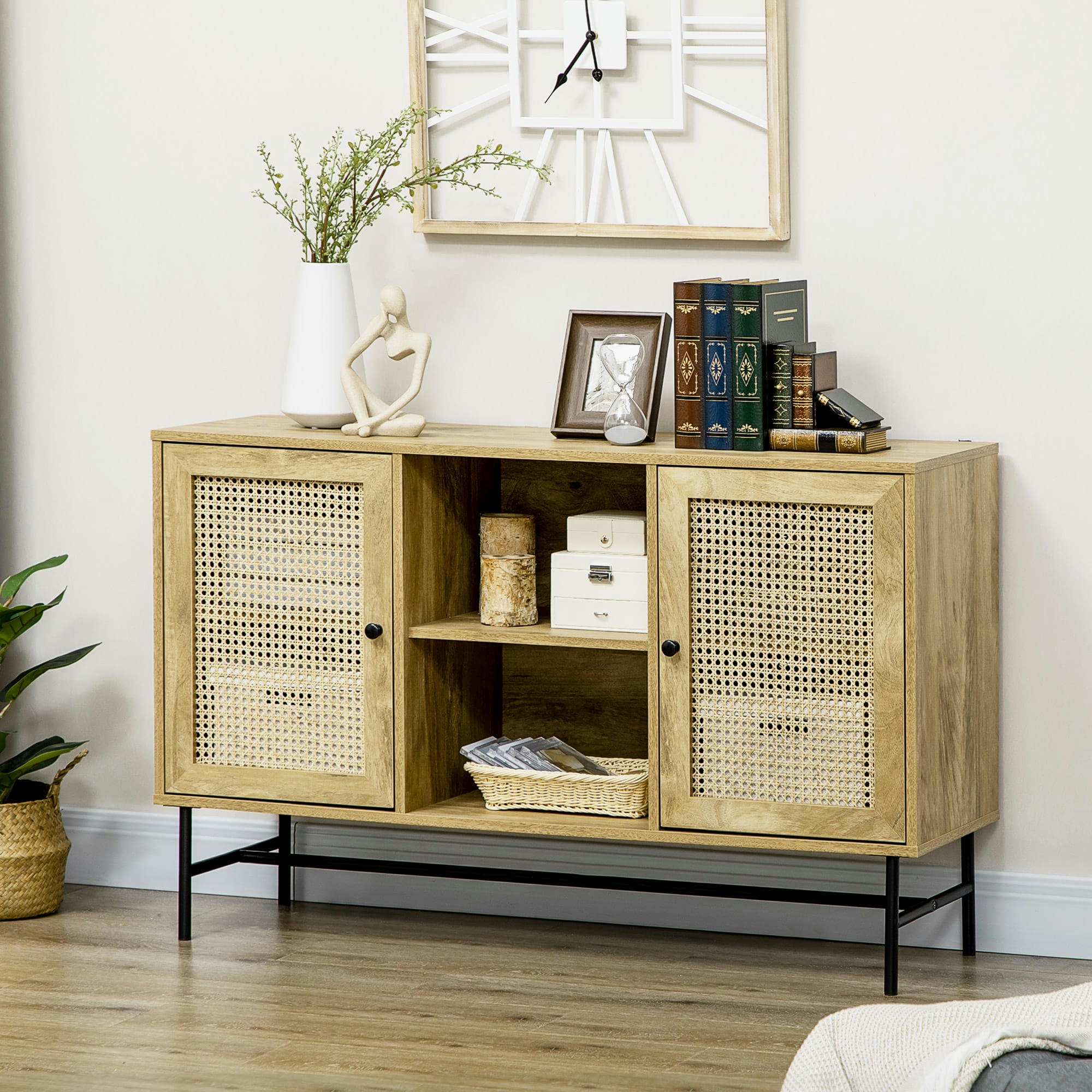 - Buffet bohème chic - 2 portes, 2 étagères, 2 niches - acier bois rotin