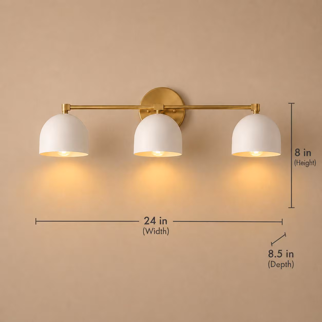 Mid Century Modern Brass Vanity Wall Light, 3-Light Fixture, Matte White Shades