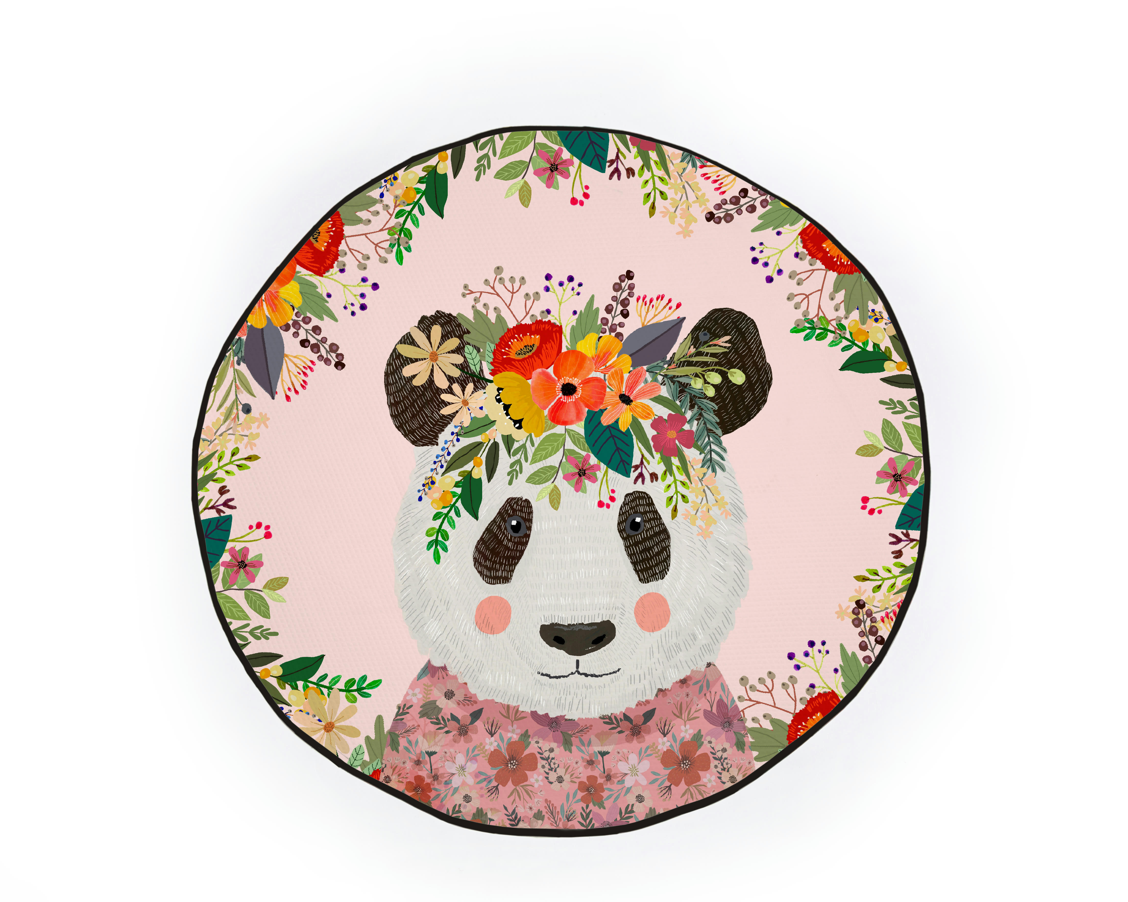 FLORAL PANDA - Tapis enfants circulaire en piqué à imprimé panda floral