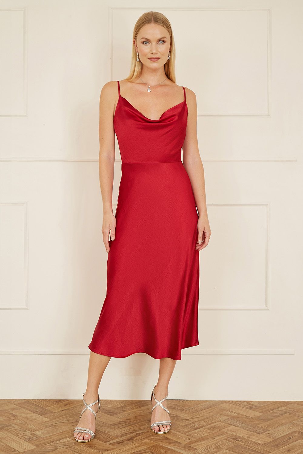 Yumi Red Satin Cowl Neck Midi Dress