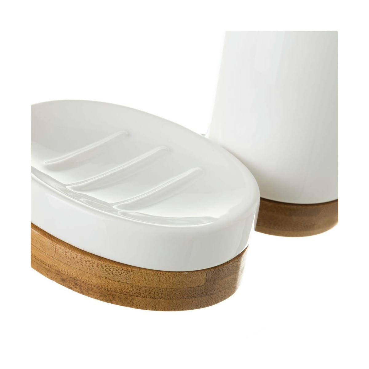 - Set salle de bain céramique blanche et bambou - 3 pièces
