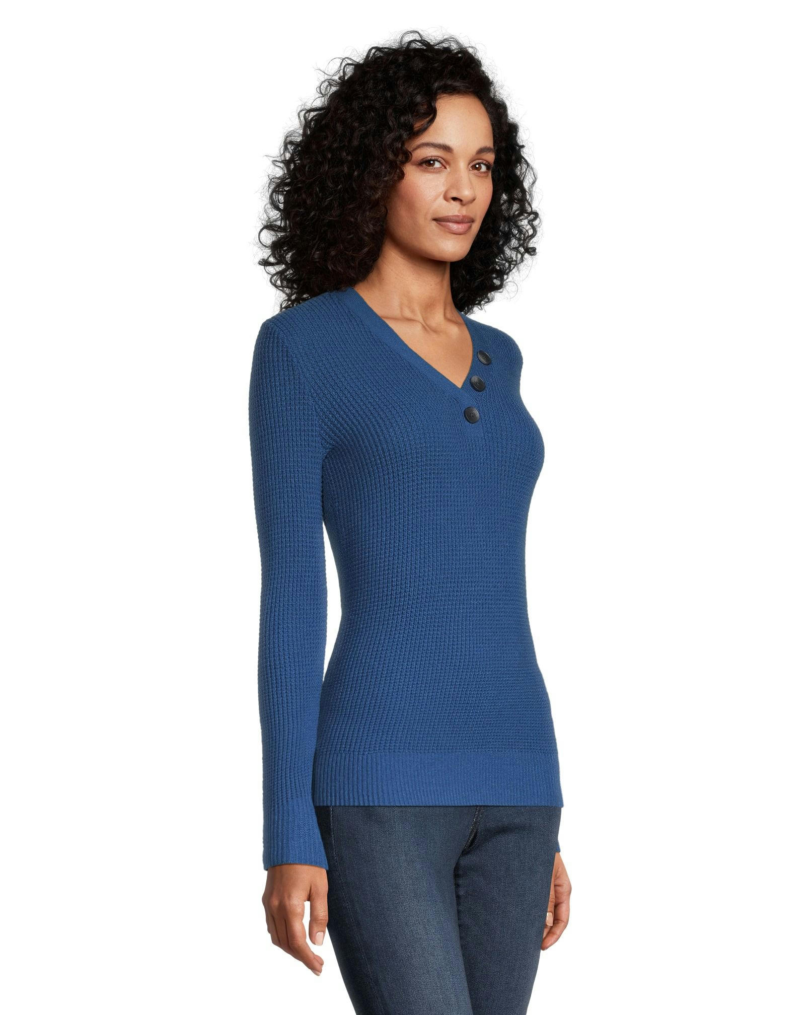 Denver Hayes Women's Fitted Long Sleeve V Neck Waffle Henley Sweater