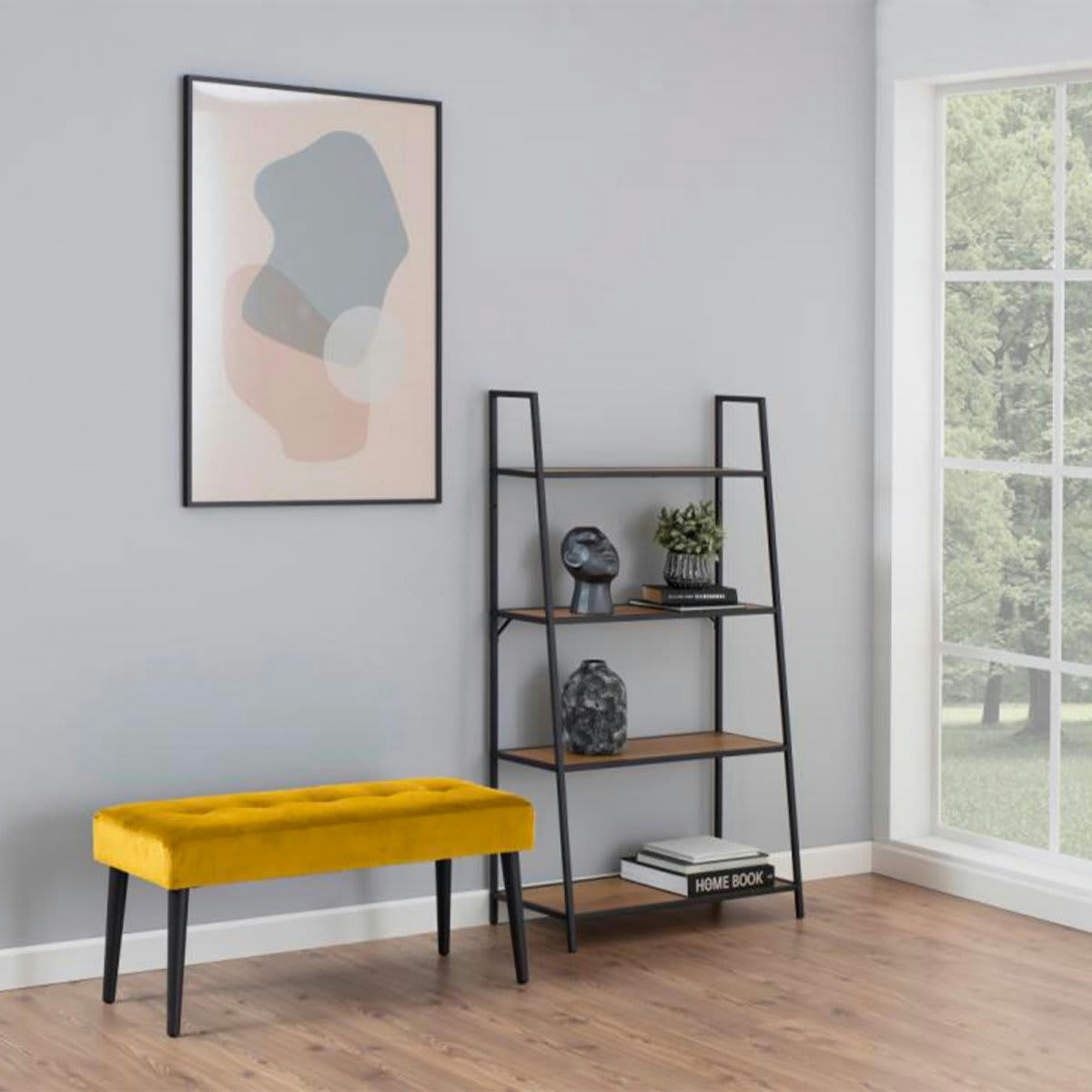 GLORE - Banc contemporain en velours matelassé et pied en métal moutarde