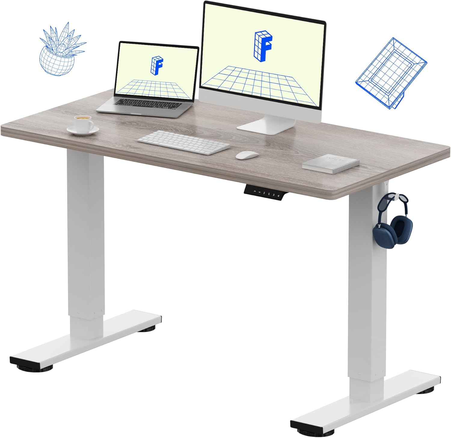 FLEXISPOT EN1 One-Piece Standing Desk with 1-Inch Thick Seamless Desktop, 48x24 Electric Height Adjustable Desk for Home Office, Multi-Monitor Setups & Easy Assembly, Gray Wood