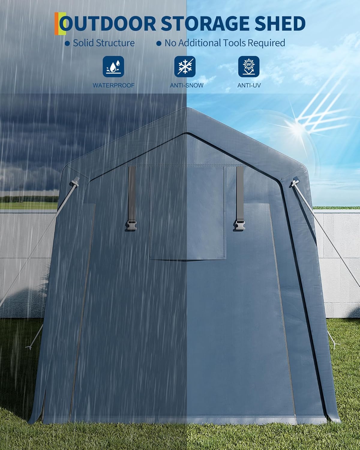 GarveeLife 6x8 FT Outdoor Storage Shed, Portable Carport with Roll-up Ventilated Zipper Door and Windows, Heavy Duty Waterproof Tarp, Storage Sheds for Motorcycle, Bike, Firewood, Garden Tools
