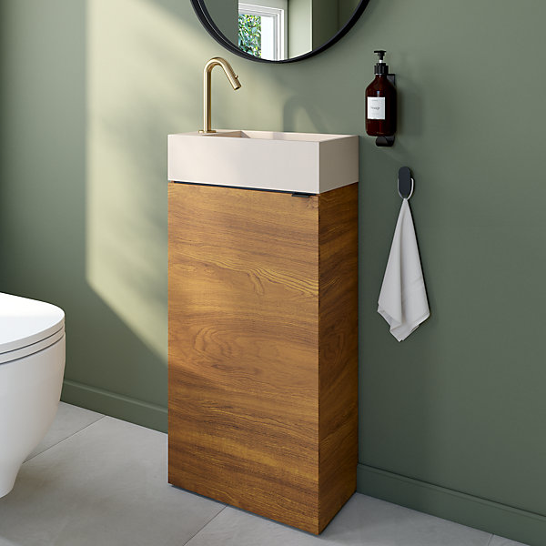 Meuble lave-mains à poser effet noyer l.44 cm Imandra   plan vasque béton moucheté, GoodHome
