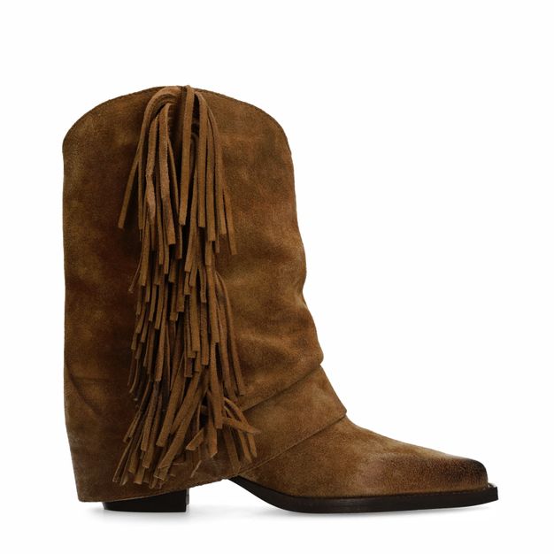 Taupe suède cowboyboots met franjes