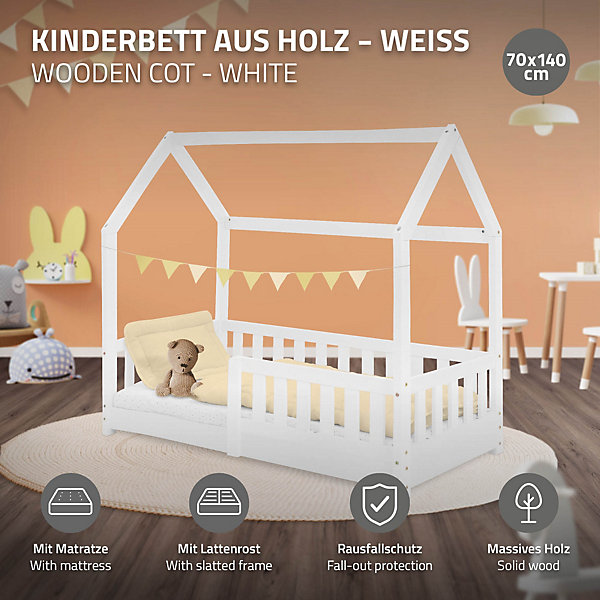 Lit d'enfant ML-Design 70x140 cm blanc en bois de pin massif style maison avec sommier et matelas