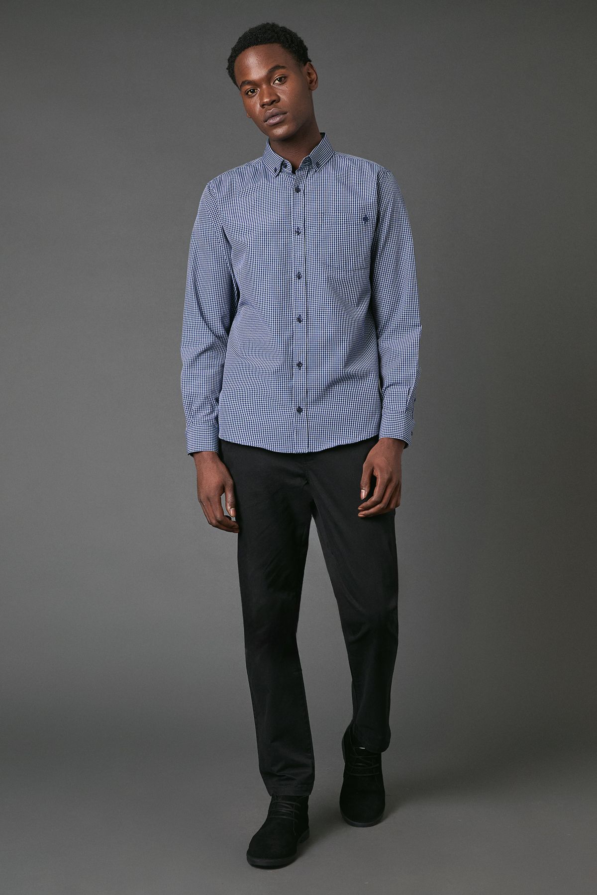 Maine Dark Navy Grid Check Long Sleeve Shirt