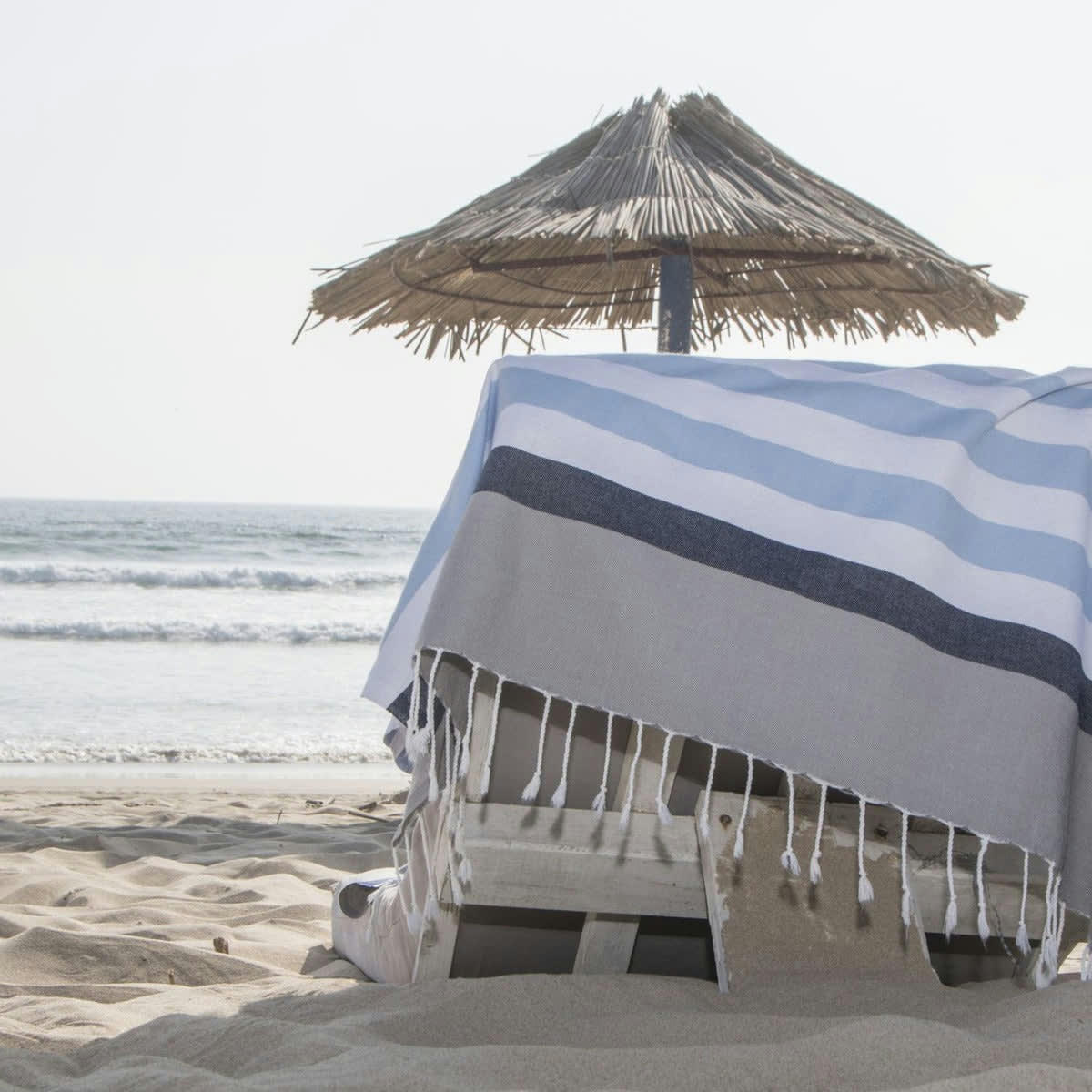 ARCACHON - Fouta tricolore coton  100x200 bleu ciel / bleu marine