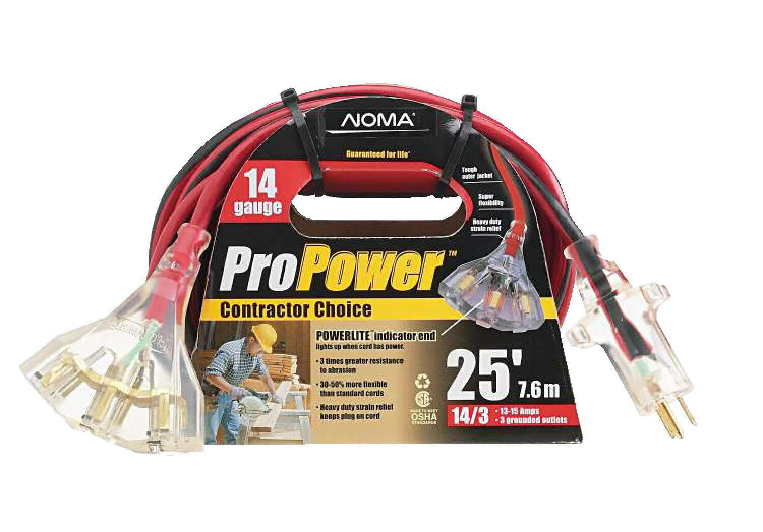 NOMA 25-ft 14/3 Outdoor Extension Cord with 3 Grounded Outlets and Lighted End, Red