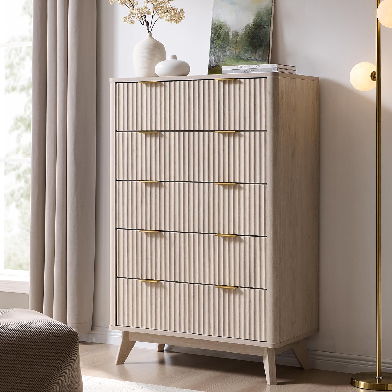 T4TREAM Fluted 5 Drawers Dresser, 48 Tall Modern Chest of Drawers, Curved Profile Design, Wood Drawer Organizer for Bedroom, Living Room, Hallway, Entryway, White Alder