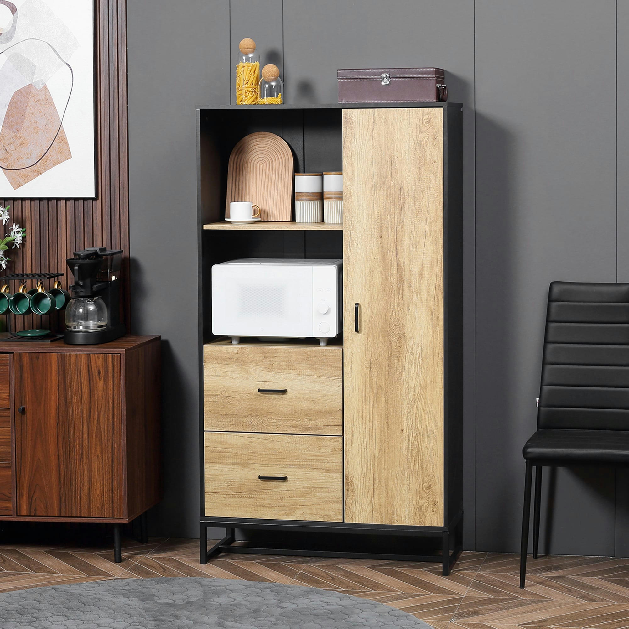 - Buffet haut porte 3 étagères 2 tiroirs 2 niches acier noir bois clair