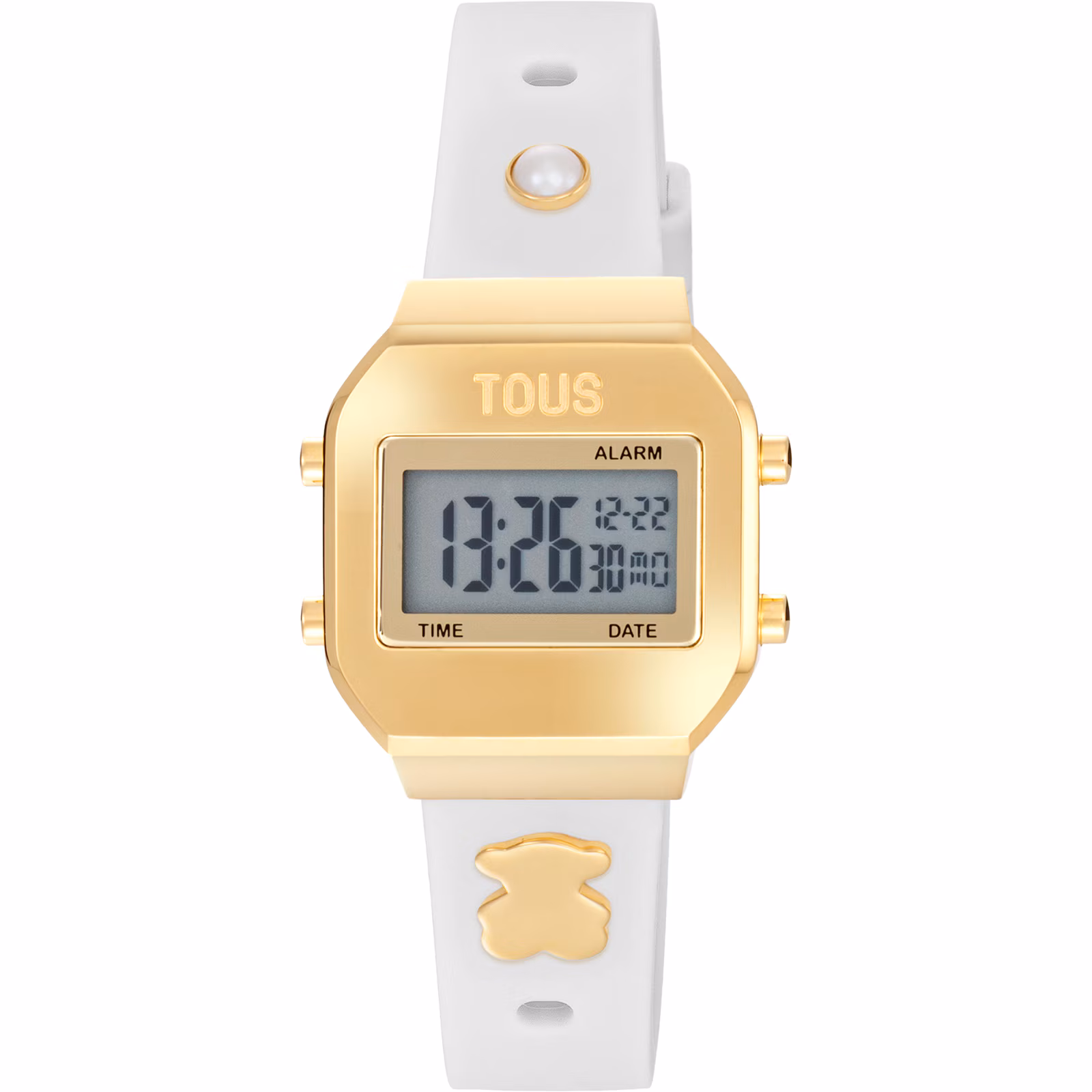 Reloj digital con correa blanca, acero dorado y gemas XPRESURSLF